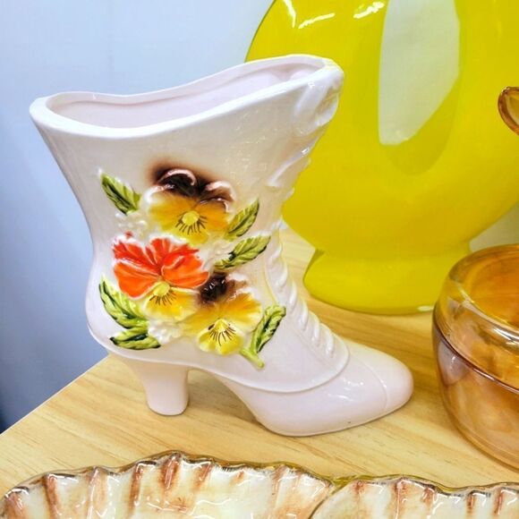 Vintage 1960's Napco Ivory Boot Vase Victorian Style Yellow & Orange Floral Vase - Picture 1 of 15